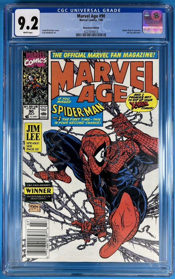 MARVEL AGE 90 CGC 9.2 WHITE PAGES 1990 NEWSSTAND SPIDER-MAN COVER BY MCFARLANE
