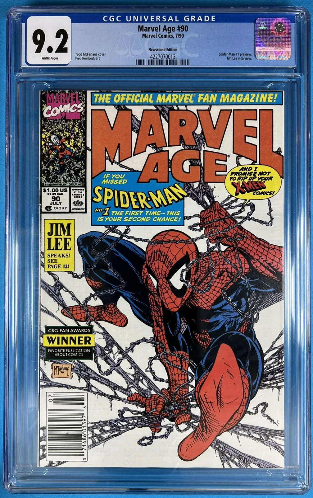 Share MARVEL AGE 90 CGC 9.2 WHITE PAGES 1990 NEWSSTAND SPIDER-MAN COVER BY MCFARLANE - Front